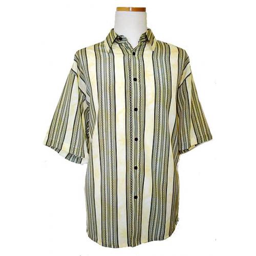 Bassiri Yellow With Black Self Design Stripes Micro Fiber Short Sleeves Shirt #46381